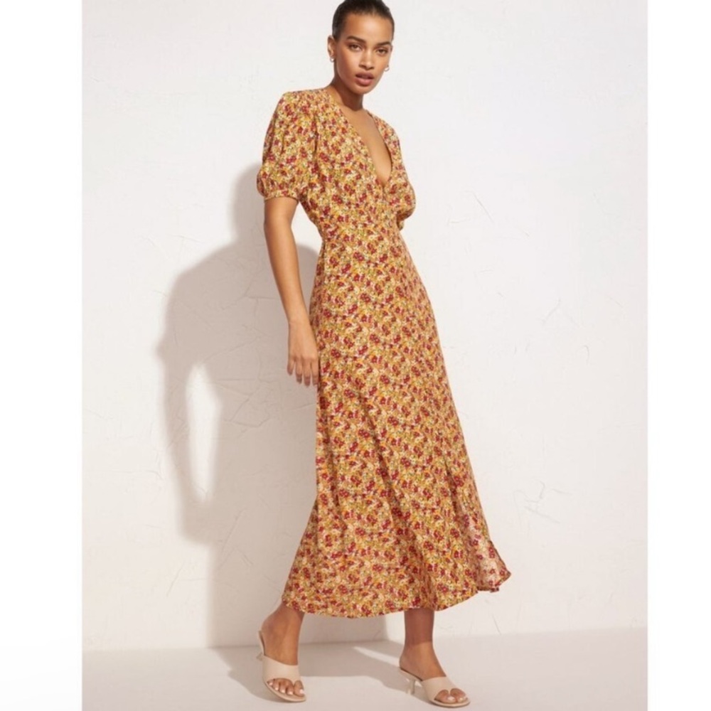 Faithfull the Brand Floral Midi Dress in Yellow and Red